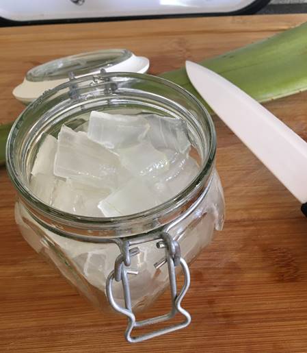 Aloe Vera Blattgel in Würfel geschnitten im Glas als Vorbereitung für das Mixen zu einem sämigen Aloe Gel