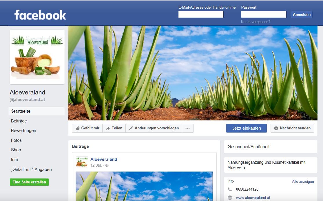 Facebook page from Aloeveraland.at